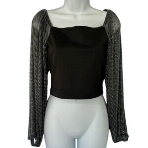 White Fox Black Silver Shimmer Square Neck Long Bishop Sleeve Crop Top size S